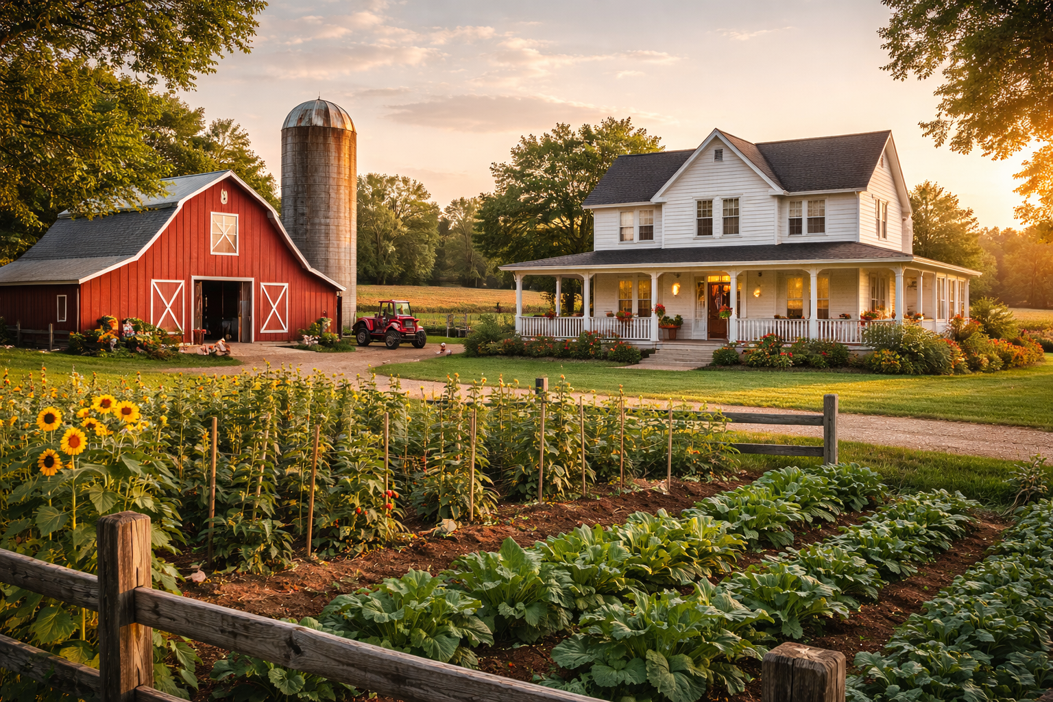 Charming farmhouse at sunset