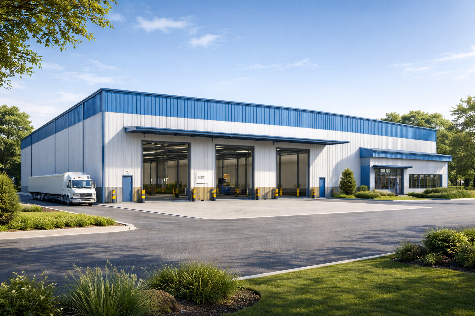 Industrial warehouse with open loading bays