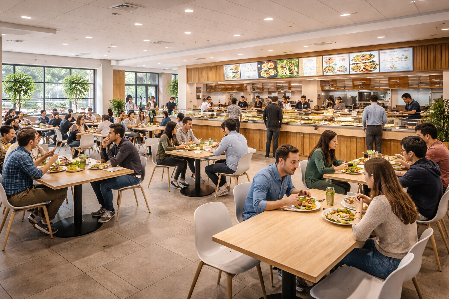 Lunchtime buzz in a modern cafeteria