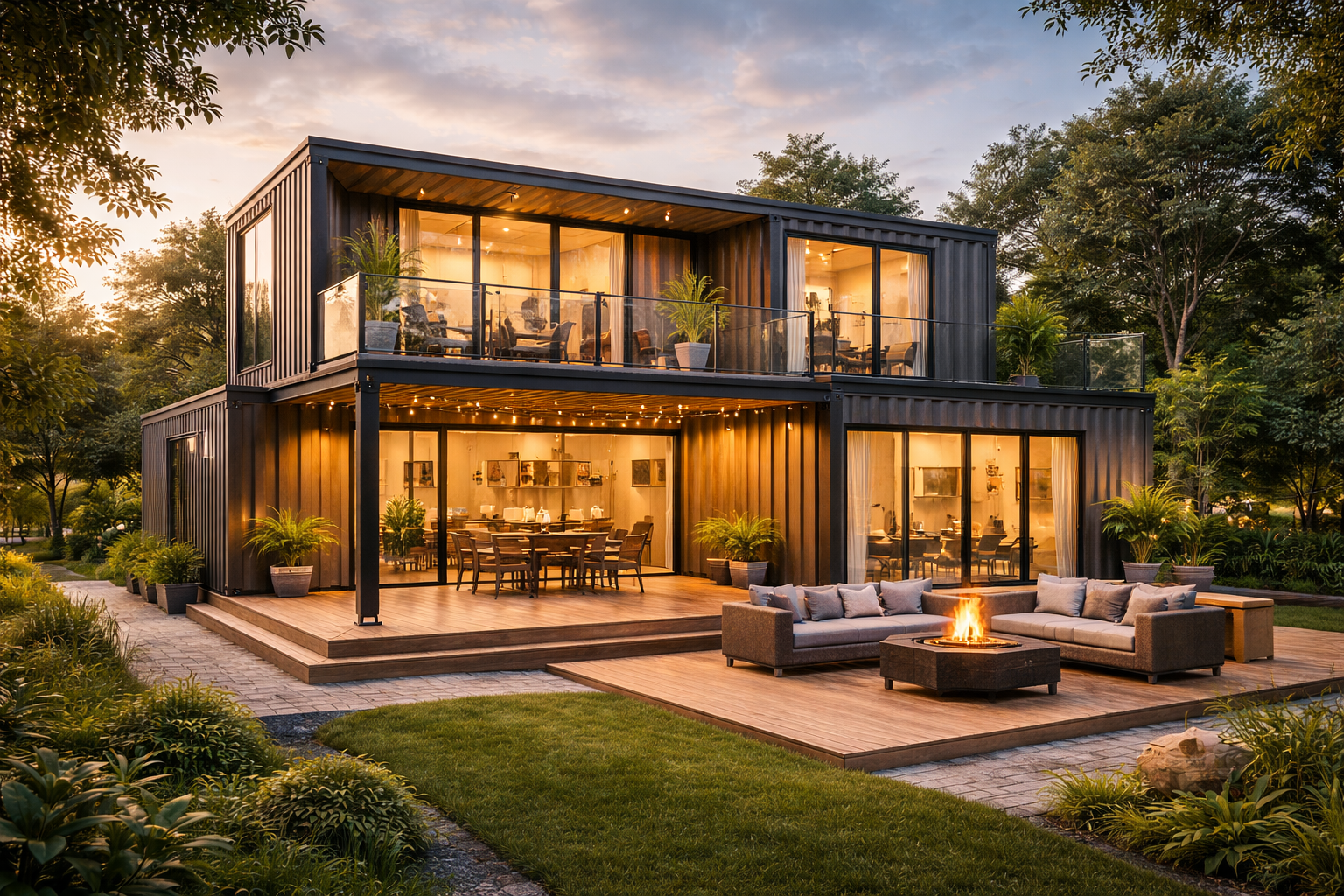 Modern container home at sunset