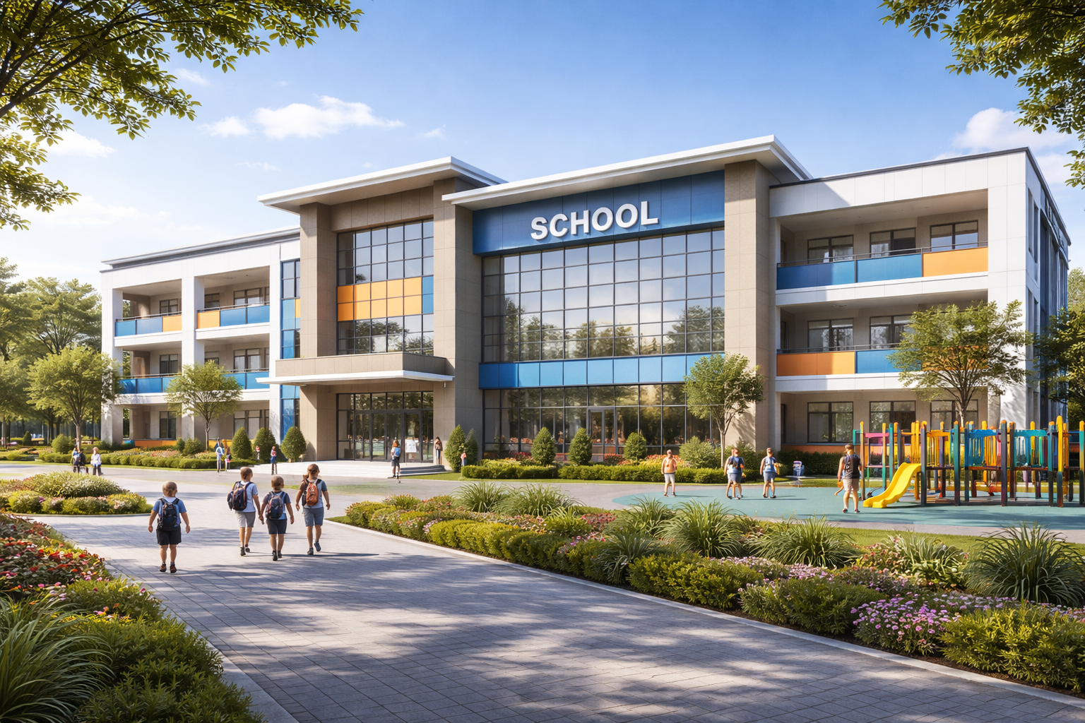Modern school campus on a sunny day
