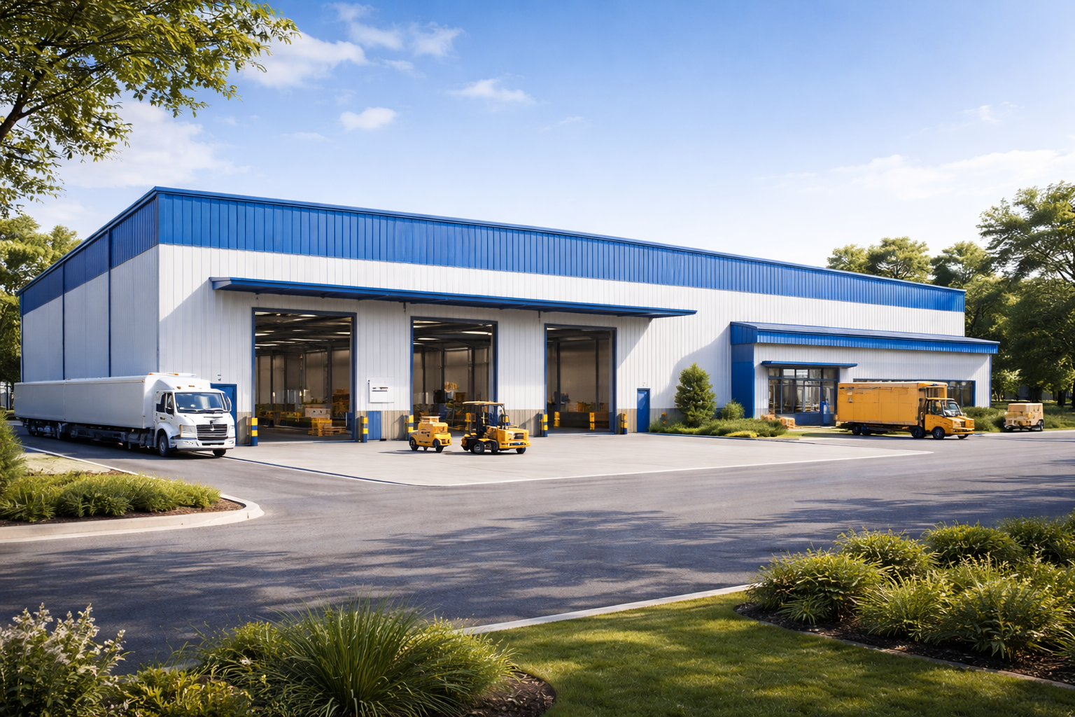 Modern warehouse with trucks and forklifts