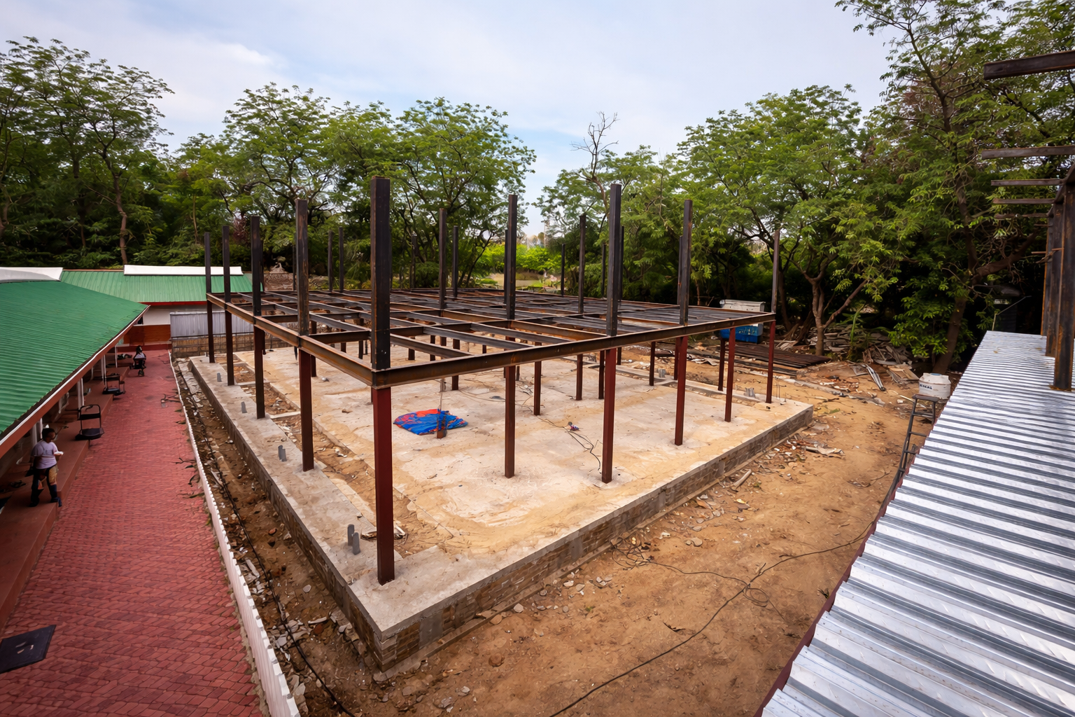 Steel framework under construction on site