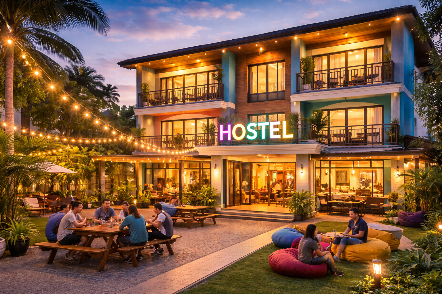 Vibrant hostel at sunset with guests